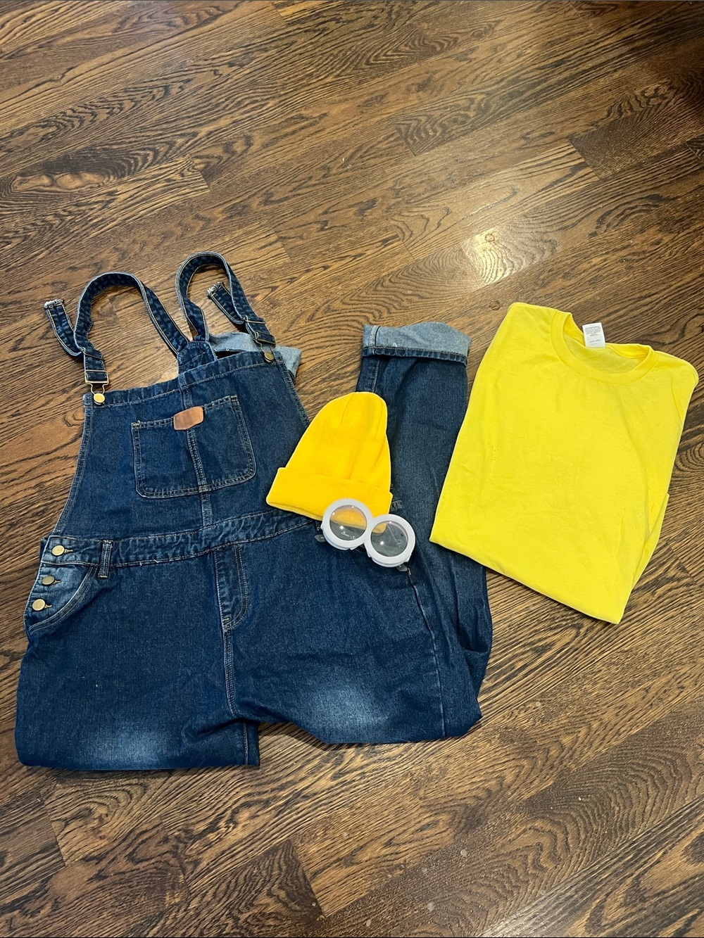 Adult Minion Costume Denim Overalls in Dark Blue with Minion Glasses and Hat